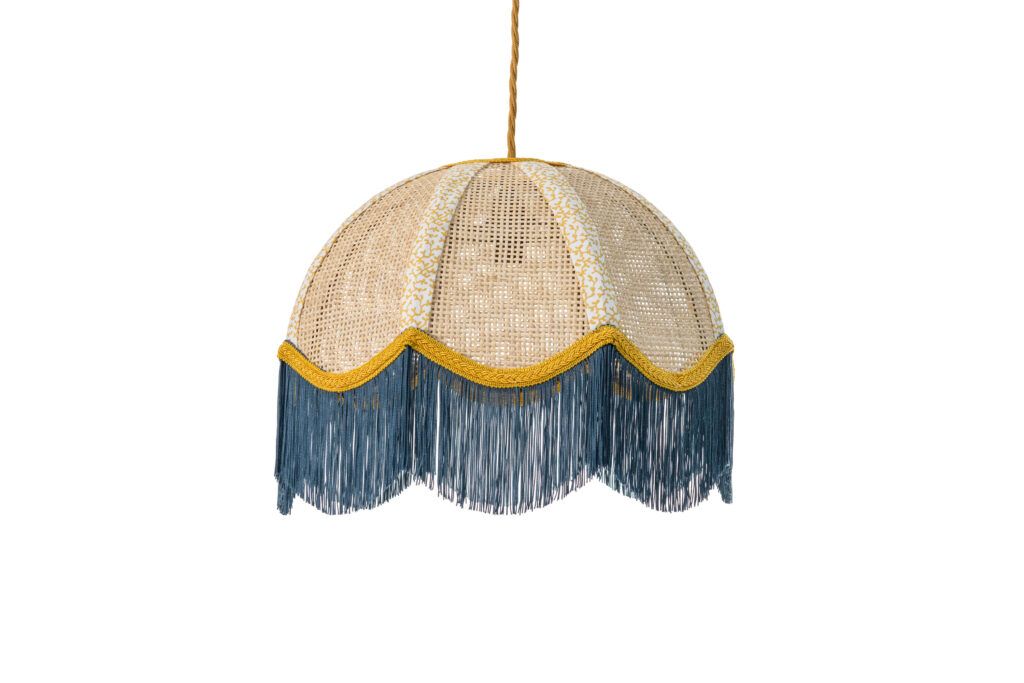 Fringing (and scallops!) on everything - Rattan lampshade with fringe from Amanda Wells
